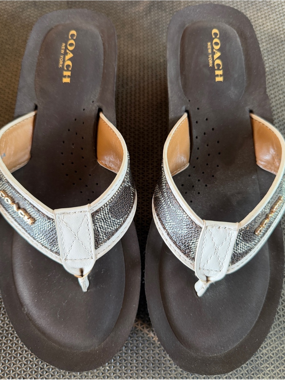 Coach Black Footbed Brown Signature Canvas and White Trim Thong Sandals